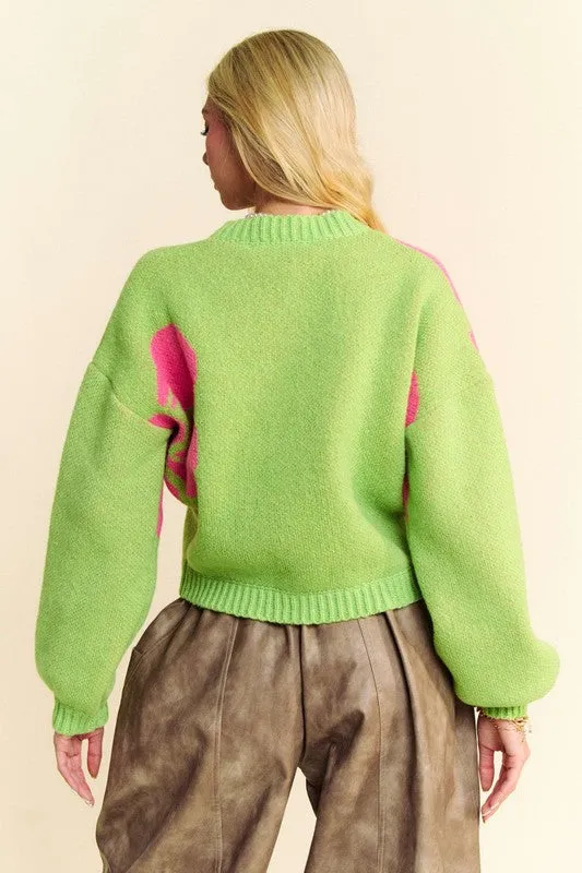 Davi & Dani Flower Contrast Round Neck Long Sleeve Cardigan