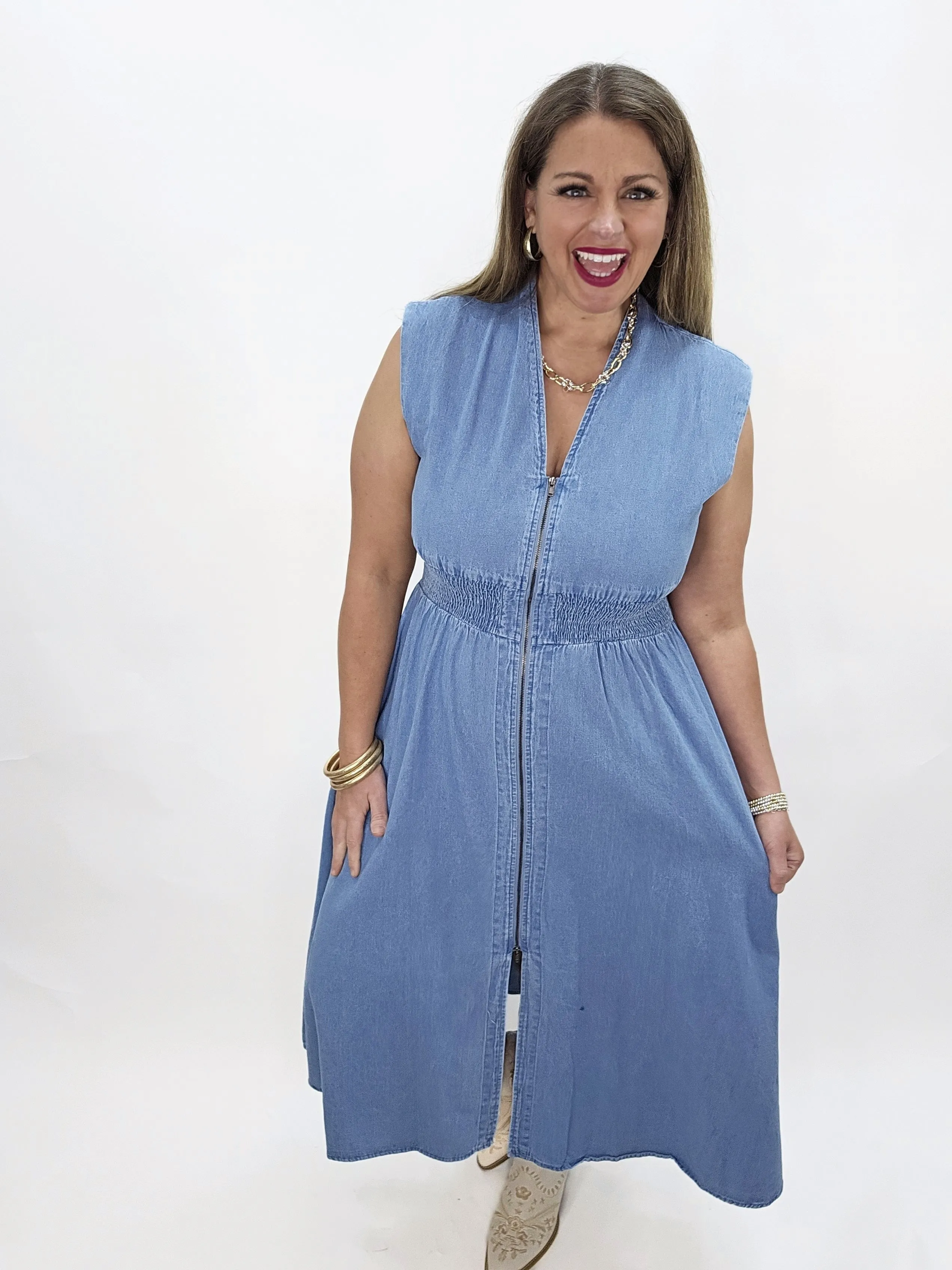 DENIM ZIP FRONT DRESS
