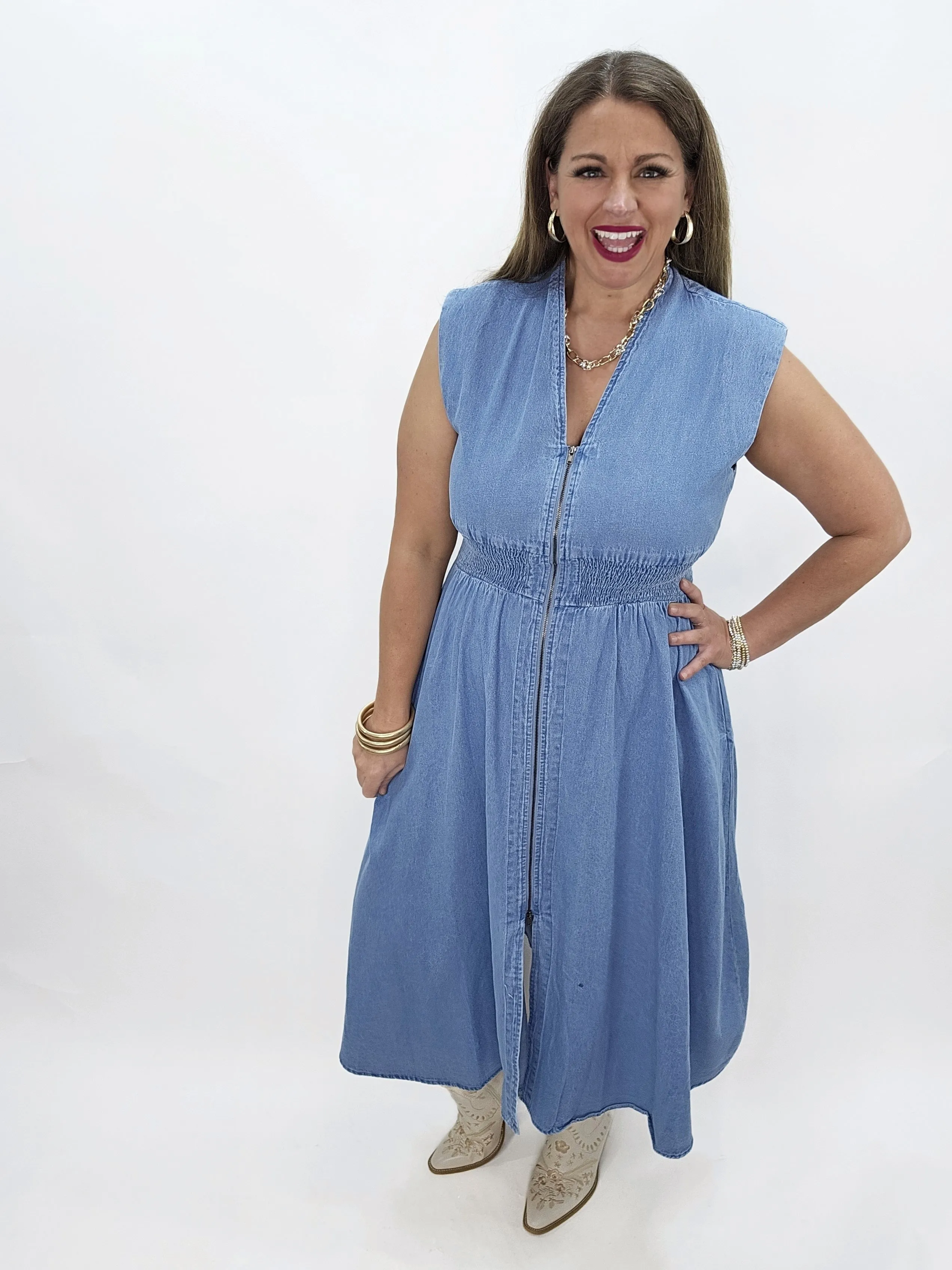 DENIM ZIP FRONT DRESS