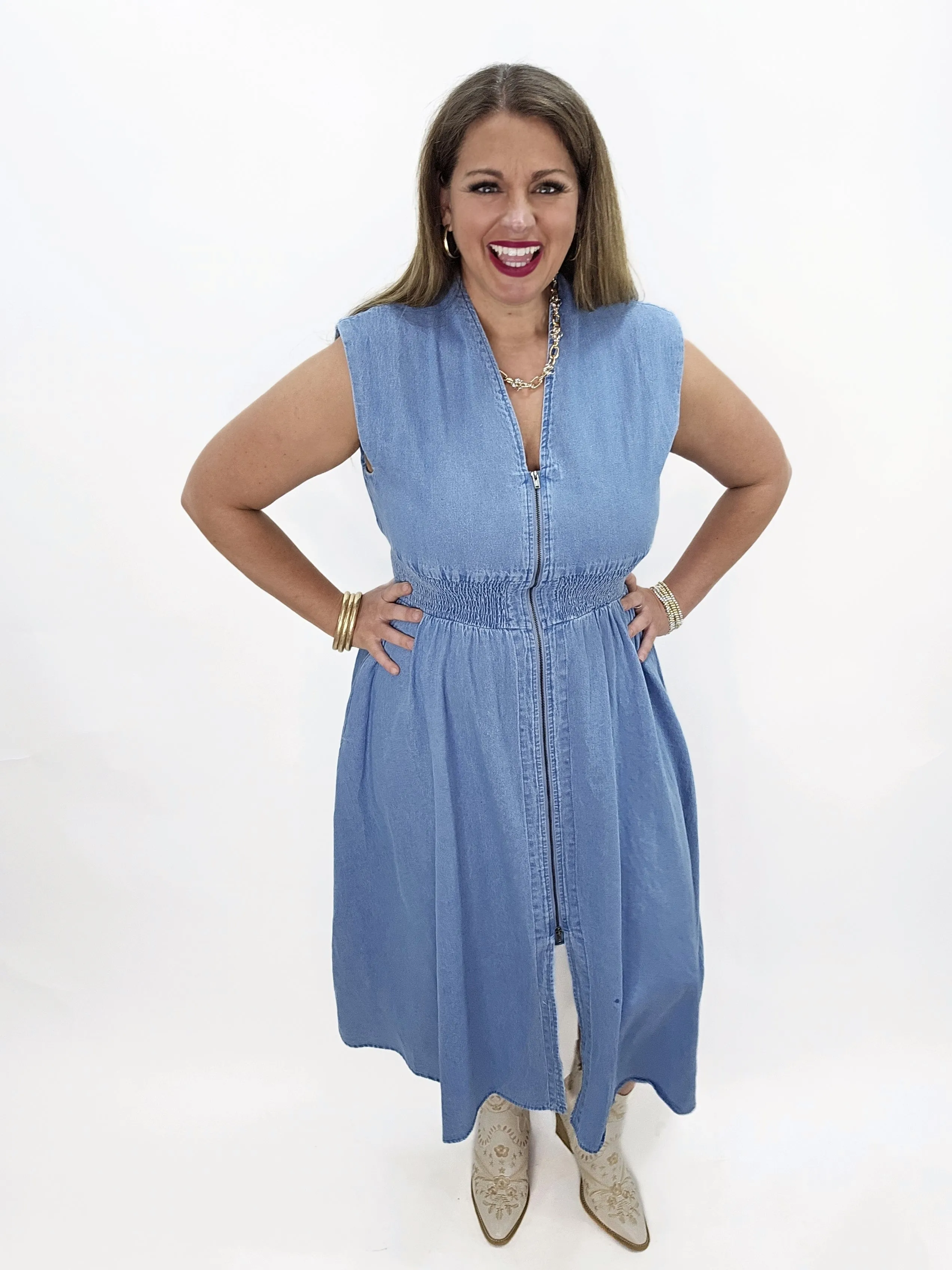 DENIM ZIP FRONT DRESS
