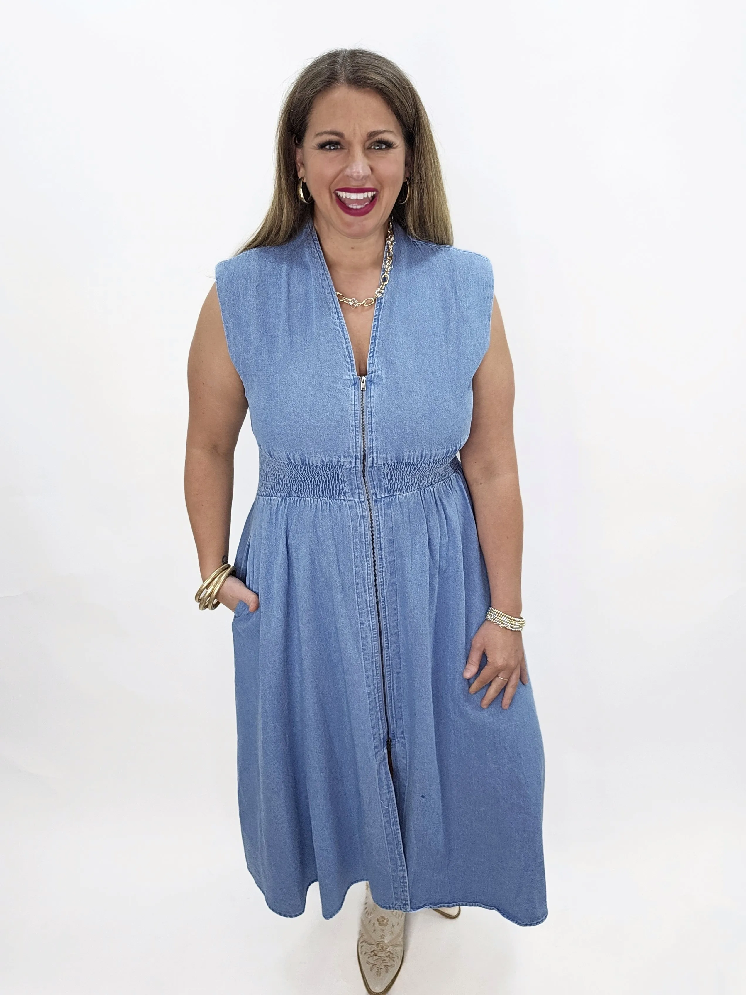 DENIM ZIP FRONT DRESS