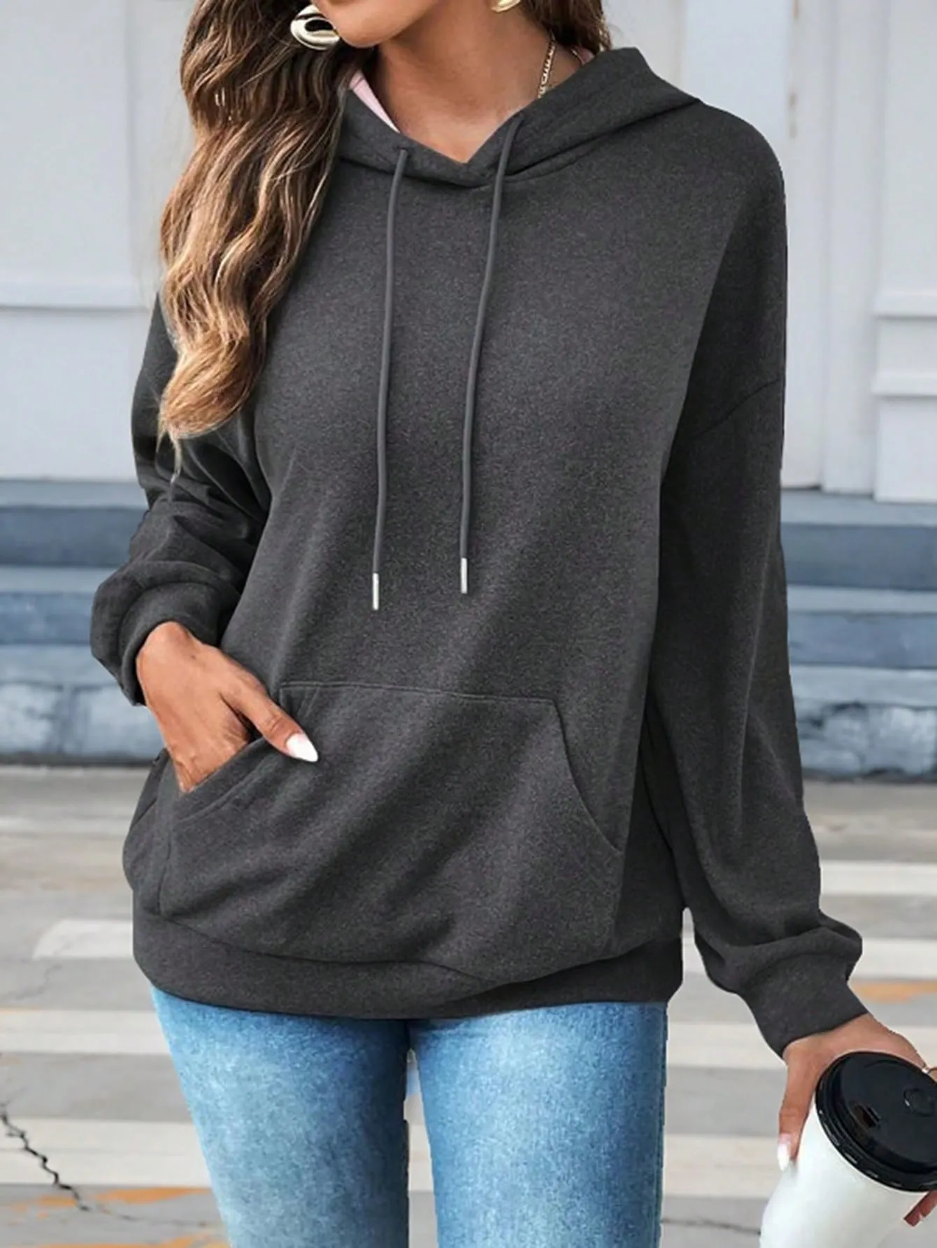 EZwear Women's Fleece Hooded Sweatshirt With Drawstring,Ladies Spring/Fall Casual Drawstring,Pocket Long Sleeve Hooded Regular Fit Regular Dusty Pink Drop Shoulder Pullovers Women Hoodies,Long Sleeve Tops