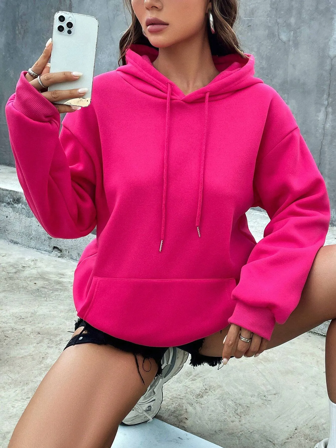 EZwear Women's Fleece Hooded Sweatshirt With Drawstring,Ladies Spring/Fall Casual Drawstring,Pocket Long Sleeve Hooded Regular Fit Regular Dusty Pink Drop Shoulder Pullovers Women Hoodies,Long Sleeve Tops