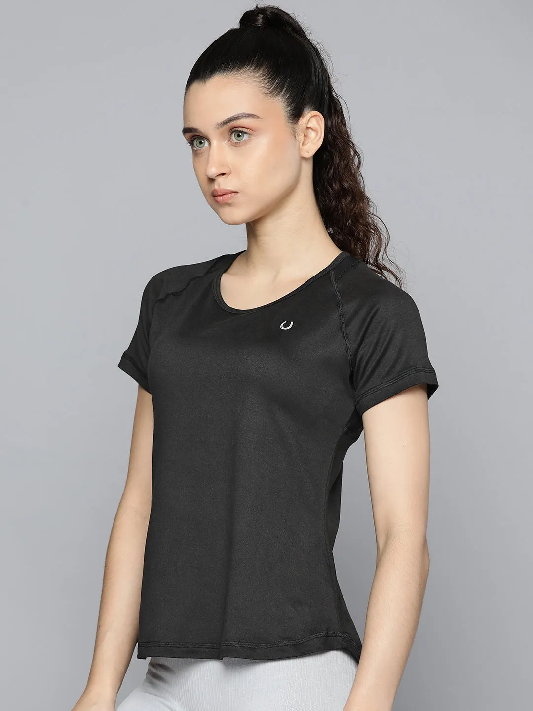 Fitkin Women Black Back Net Panel Solid T-shirt