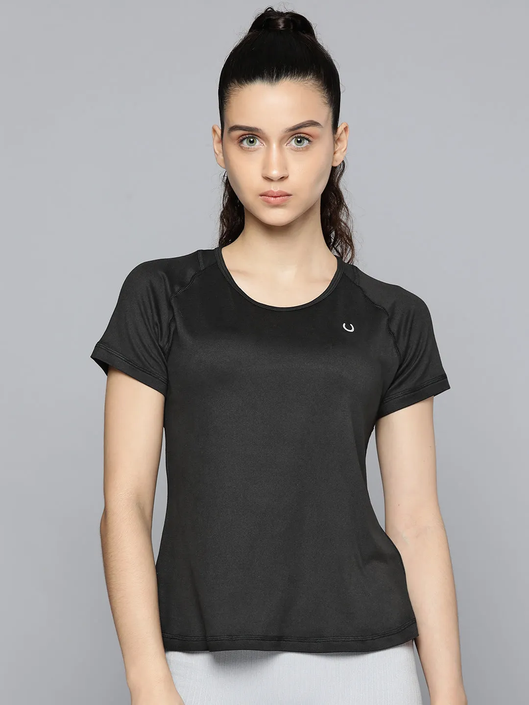 Fitkin Women Black Back Net Panel Solid T-shirt