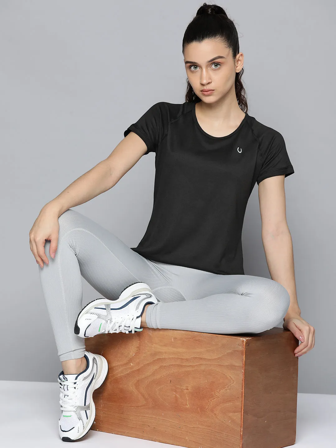 Fitkin Women Black Back Net Panel Solid T-shirt