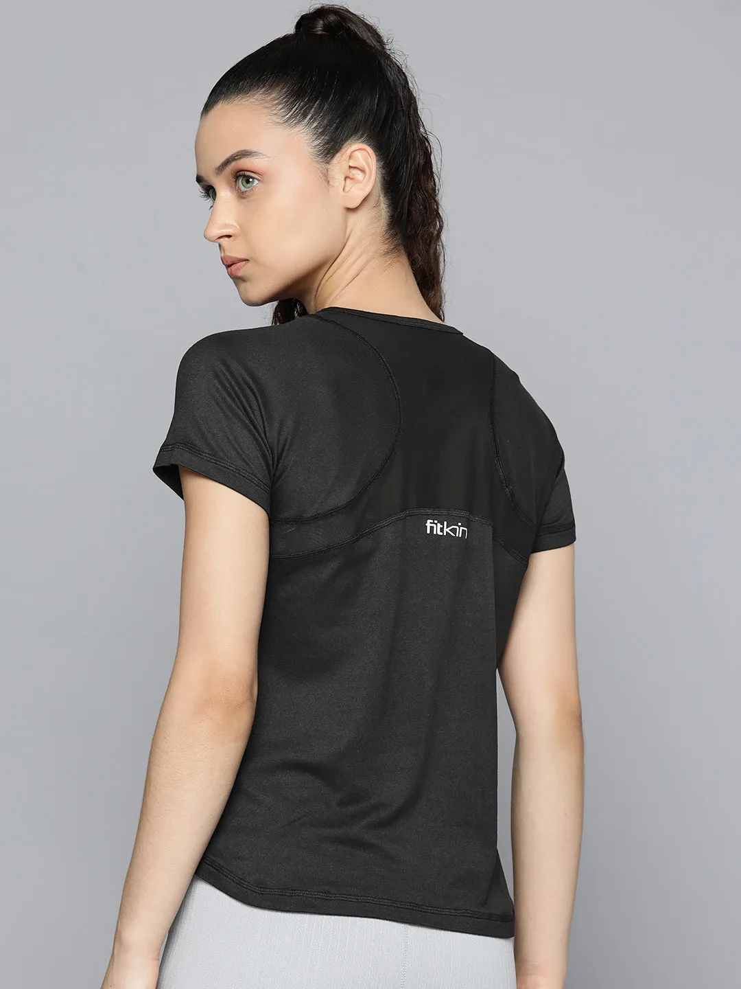 Fitkin Women Black Back Net Panel Solid T-shirt