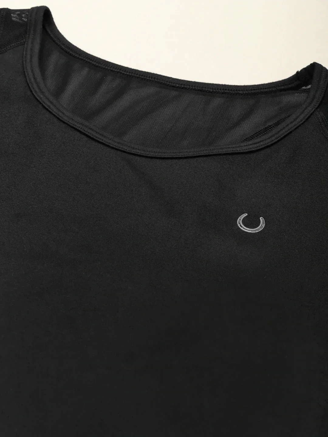 Fitkin Women Black Back Net Panel Solid T-shirt
