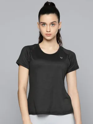 Fitkin Women Black Back Net Panel Solid T-shirt