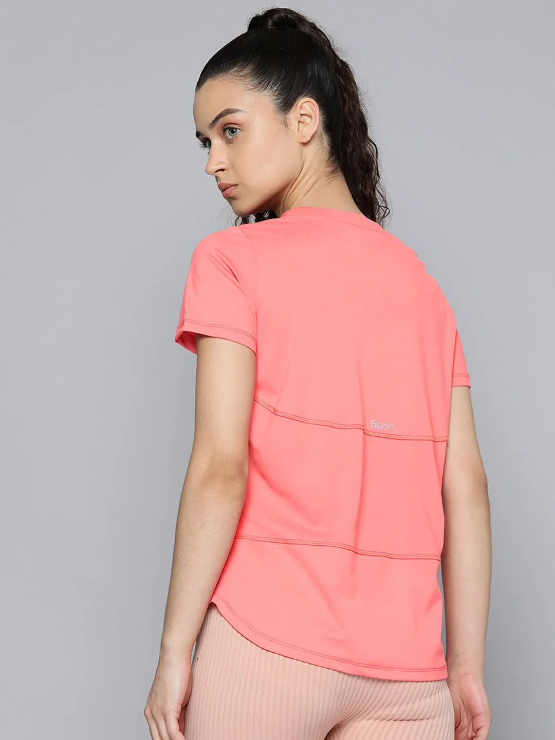 Fitkin Women Coral Pink Solid T-shirt With Curved Hem