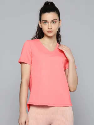 Fitkin Women Coral Pink Solid T-shirt With Curved Hem