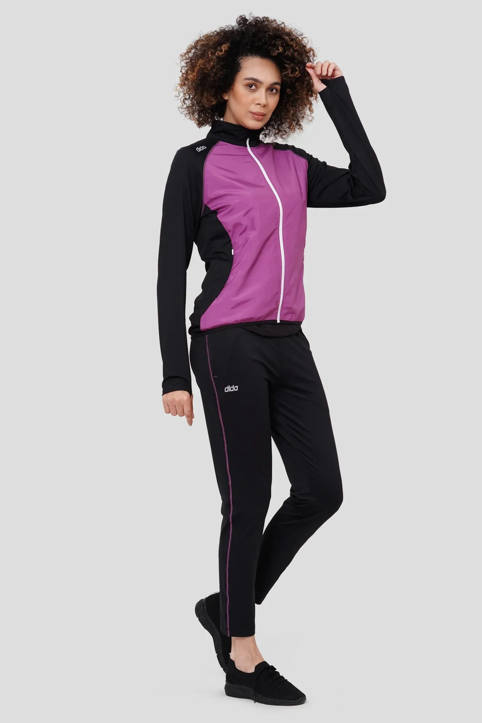 Fleece Stretchable Fitness Track Suit (Black Mauve) - Women