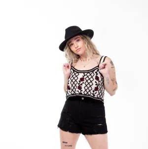 FLOWER EMBROIDERED CROCHET CROP TOP