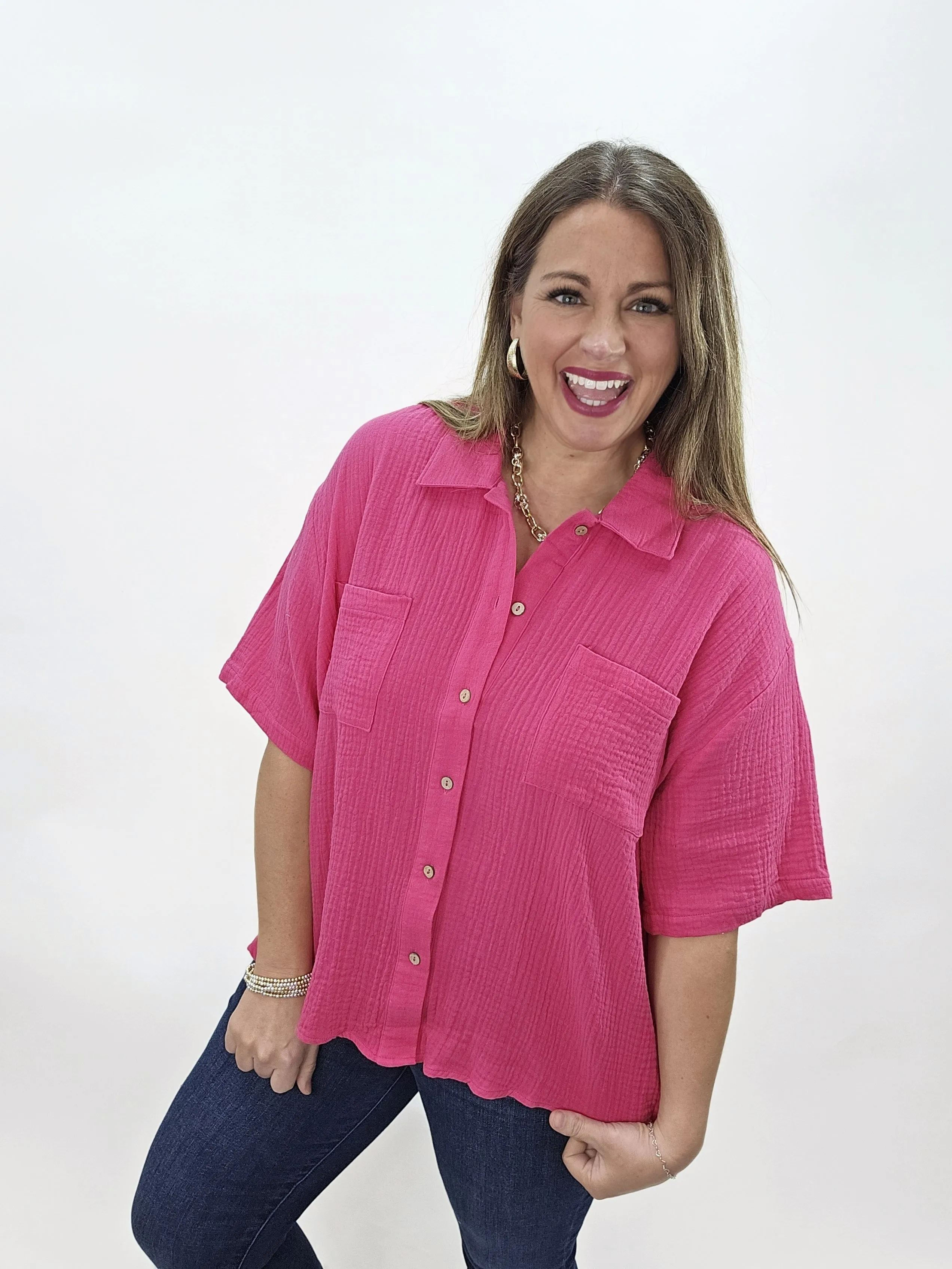 FUCHSIA OVERSIZED BUTTON DOWN COTTON GAUZE TOP