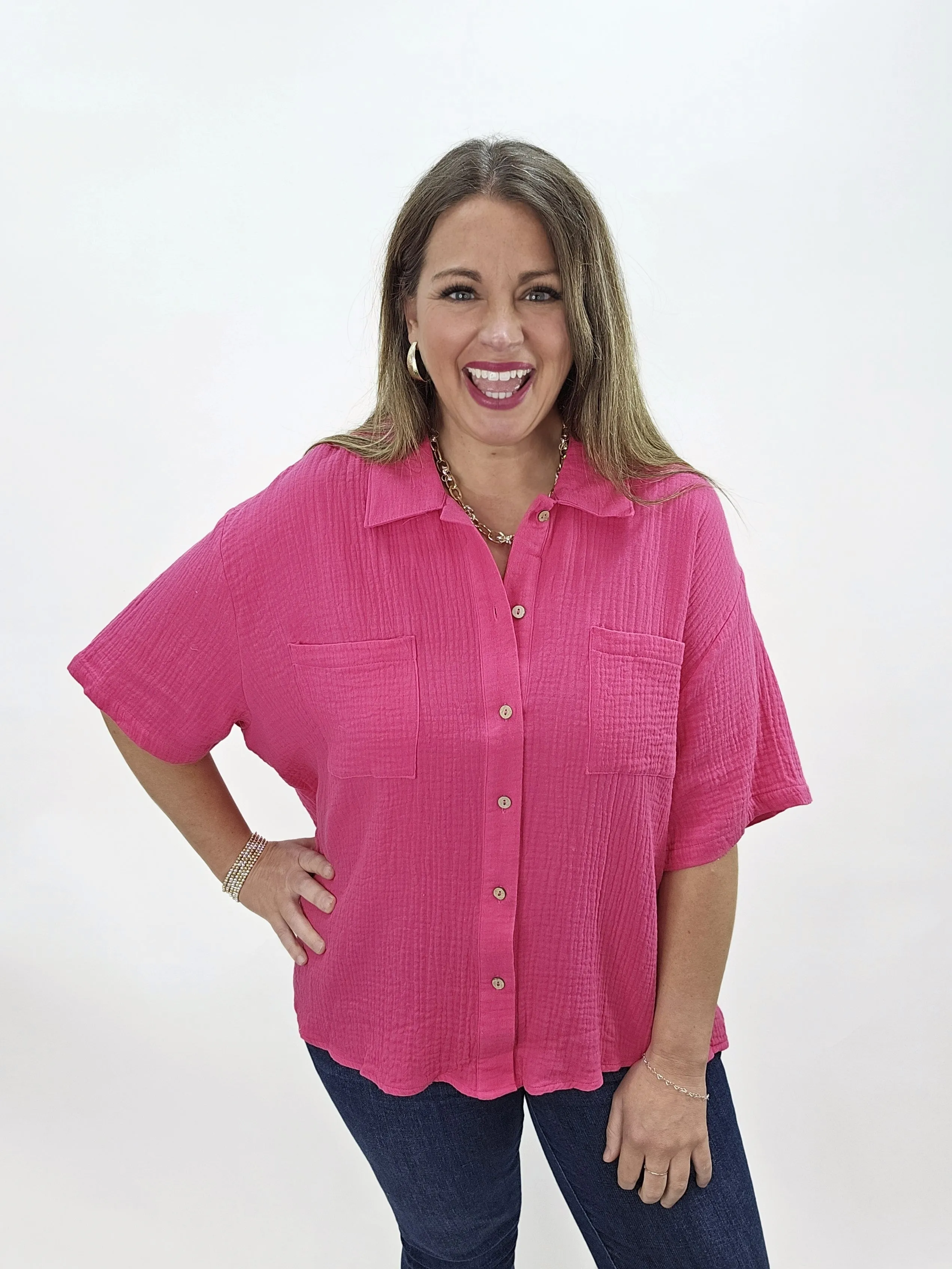 FUCHSIA OVERSIZED BUTTON DOWN COTTON GAUZE TOP