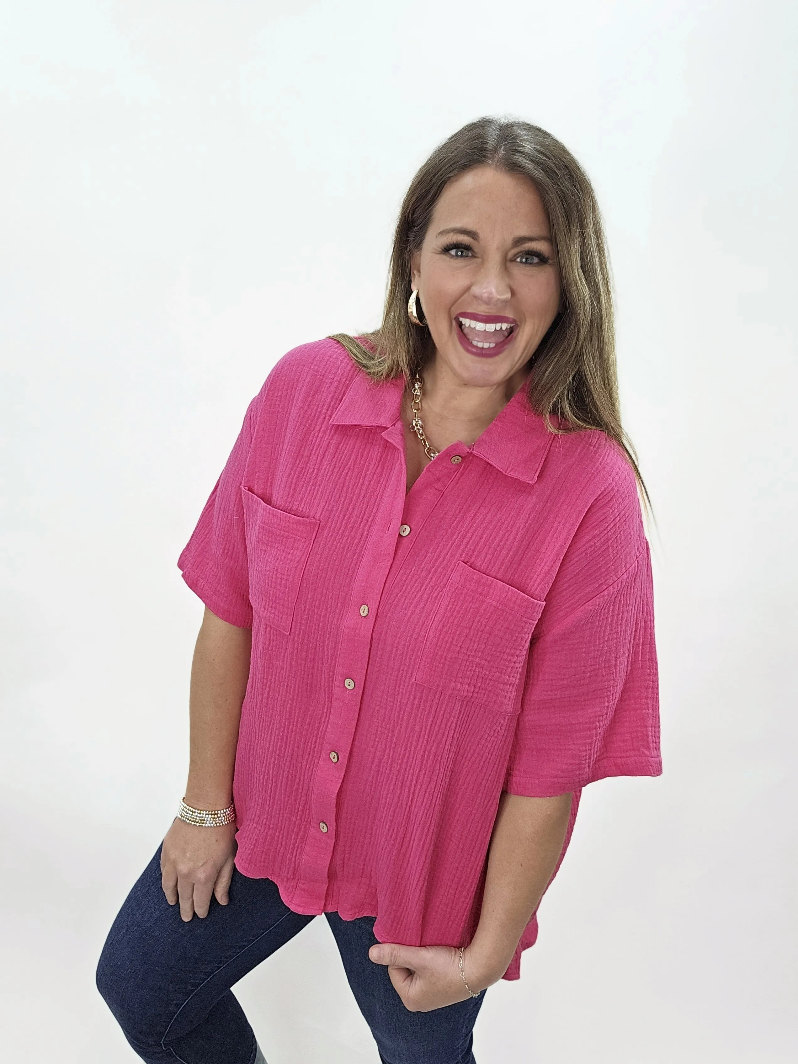 FUCHSIA OVERSIZED BUTTON DOWN COTTON GAUZE TOP