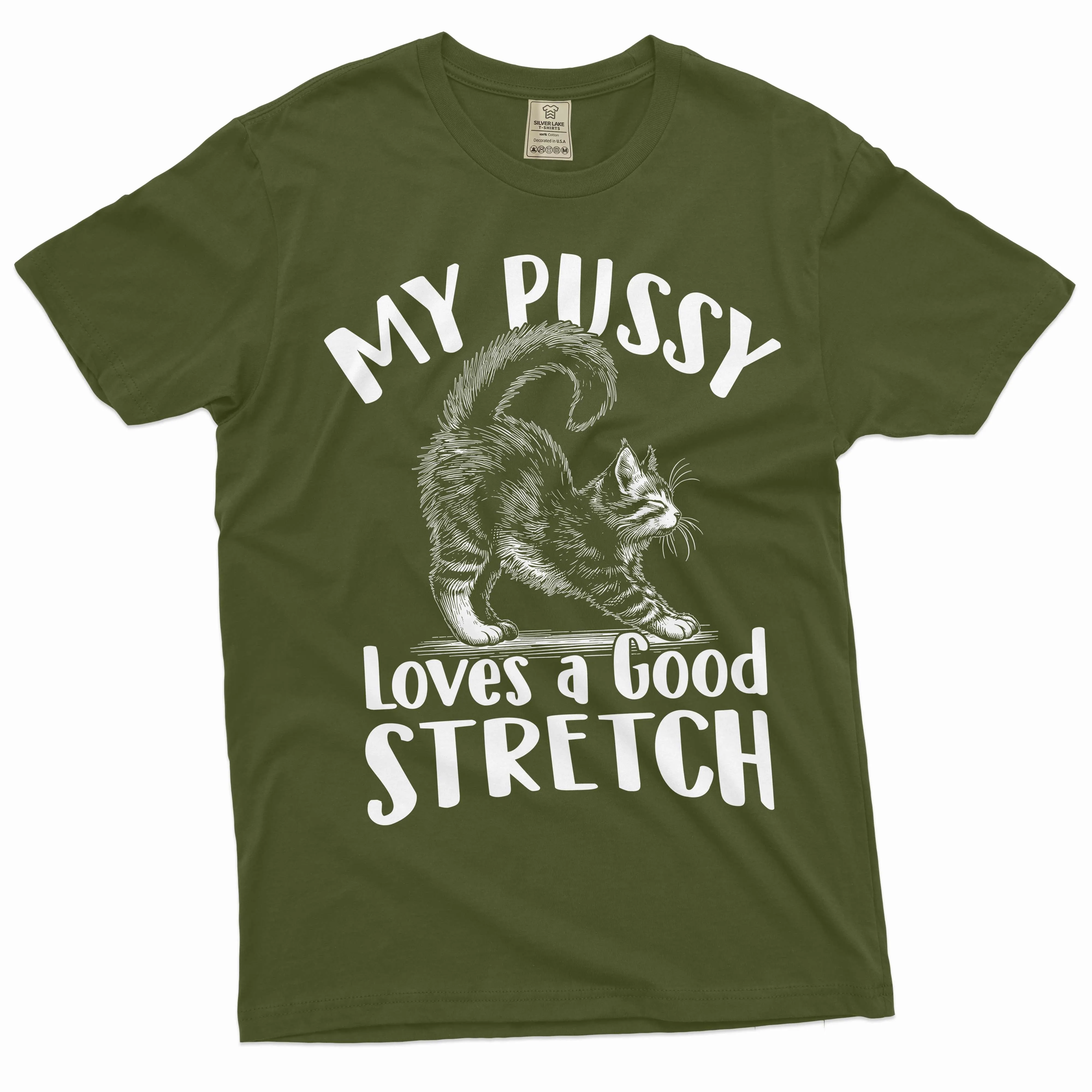 Funny Cat inappropriate T-shirt my pussy loves a good stretch dual meaning humor tee shirt