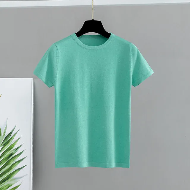 GIGOGOU Basic Cotton Summer T Shirt Women Knitted Short Sleeves Tee Shirt High Elasticity Breathable O Neck Female Top Tshirt