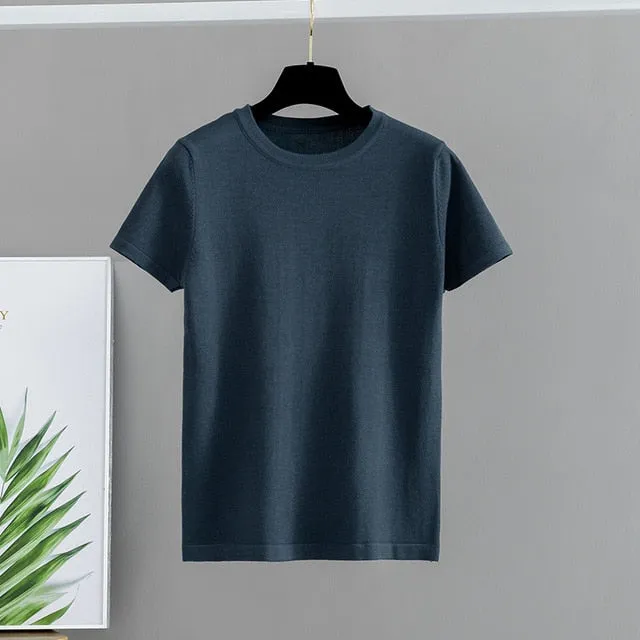 GIGOGOU Basic Cotton Summer T Shirt Women Knitted Short Sleeves Tee Shirt High Elasticity Breathable O Neck Female Top Tshirt