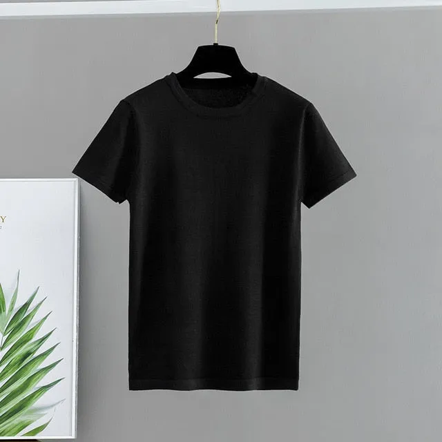 GIGOGOU Basic Cotton Summer T Shirt Women Knitted Short Sleeves Tee Shirt High Elasticity Breathable O Neck Female Top Tshirt