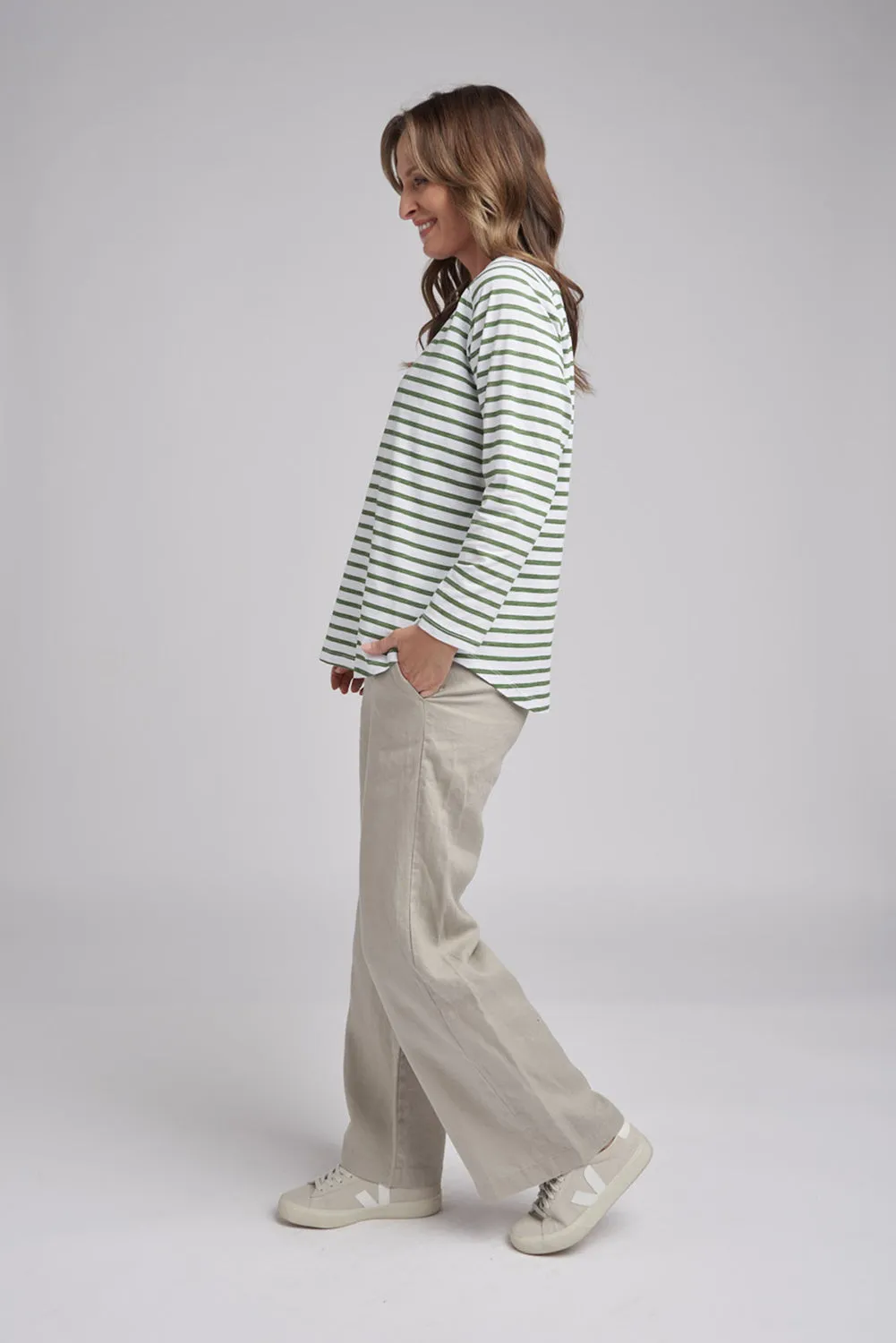 Goondiwindi Cotton Stripe Long Sleeve Tee in White/Fern Green 3272