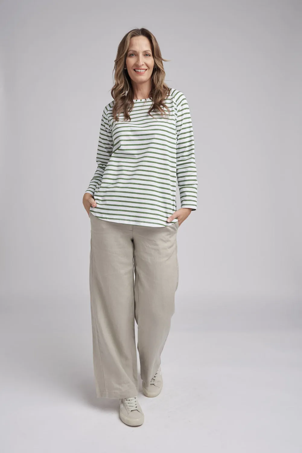 Goondiwindi Cotton Stripe Long Sleeve Tee in White/Fern Green 3272