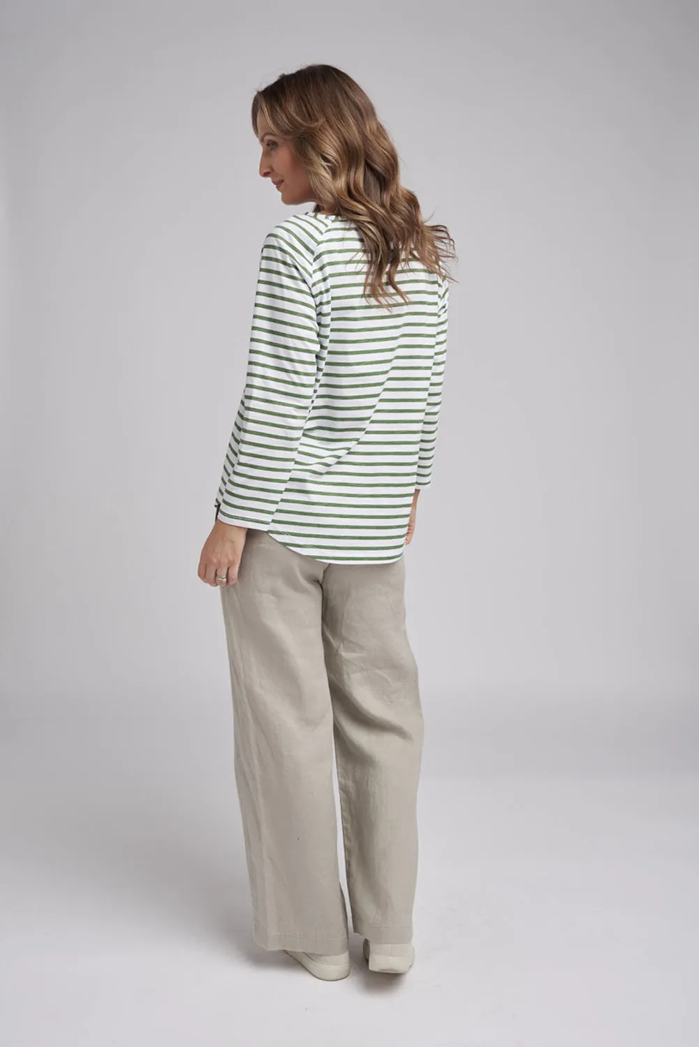 Goondiwindi Cotton Stripe Long Sleeve Tee in White/Fern Green 3272