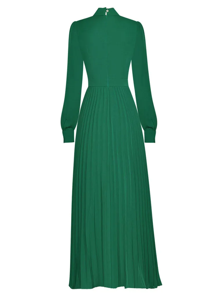 Green Bow Collar Long Sleeve Lace 1950S Vintage Maxi Dress
