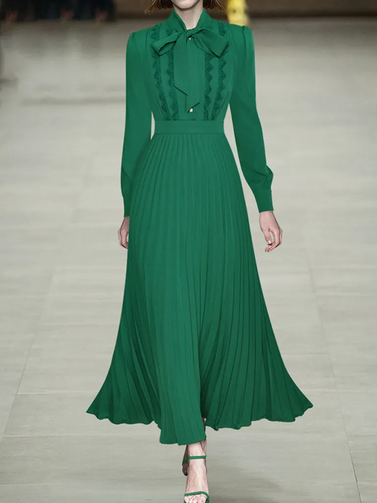 Green Bow Collar Long Sleeve Lace 1950S Vintage Maxi Dress