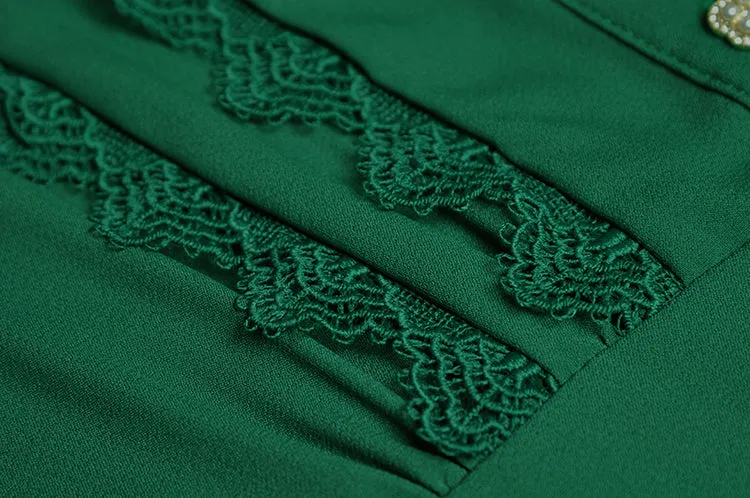Green Bow Collar Long Sleeve Lace 1950S Vintage Maxi Dress