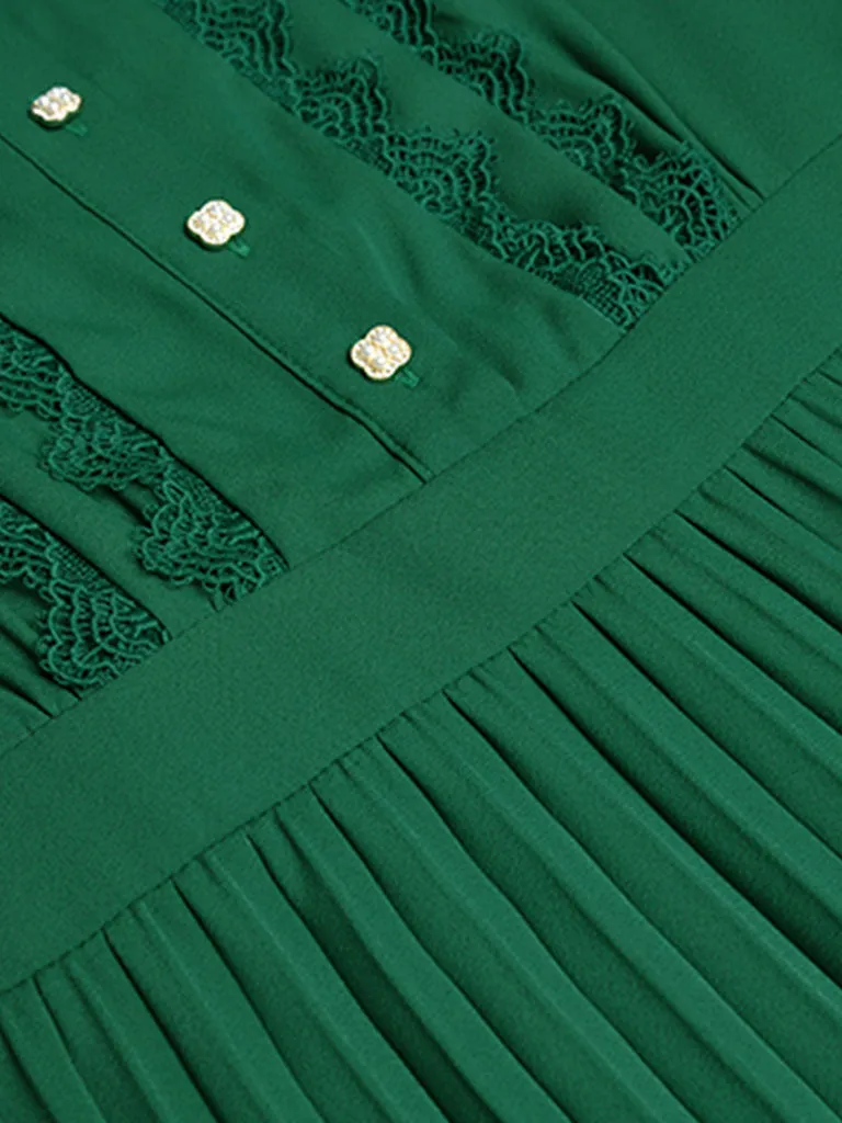 Green Bow Collar Long Sleeve Lace 1950S Vintage Maxi Dress