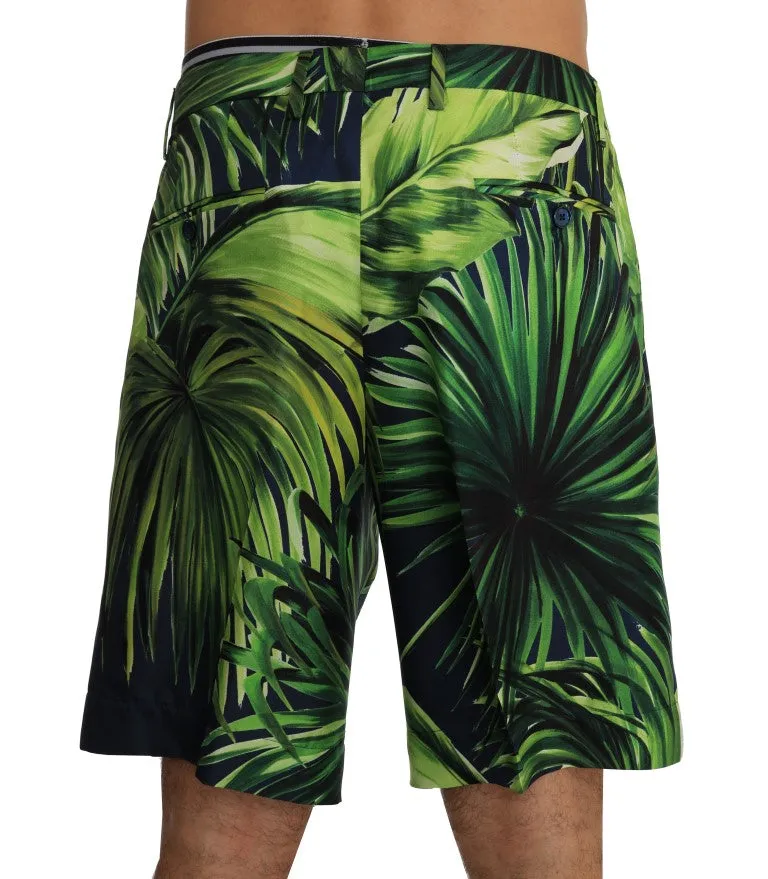 Green Leaves Print Silk Shorts