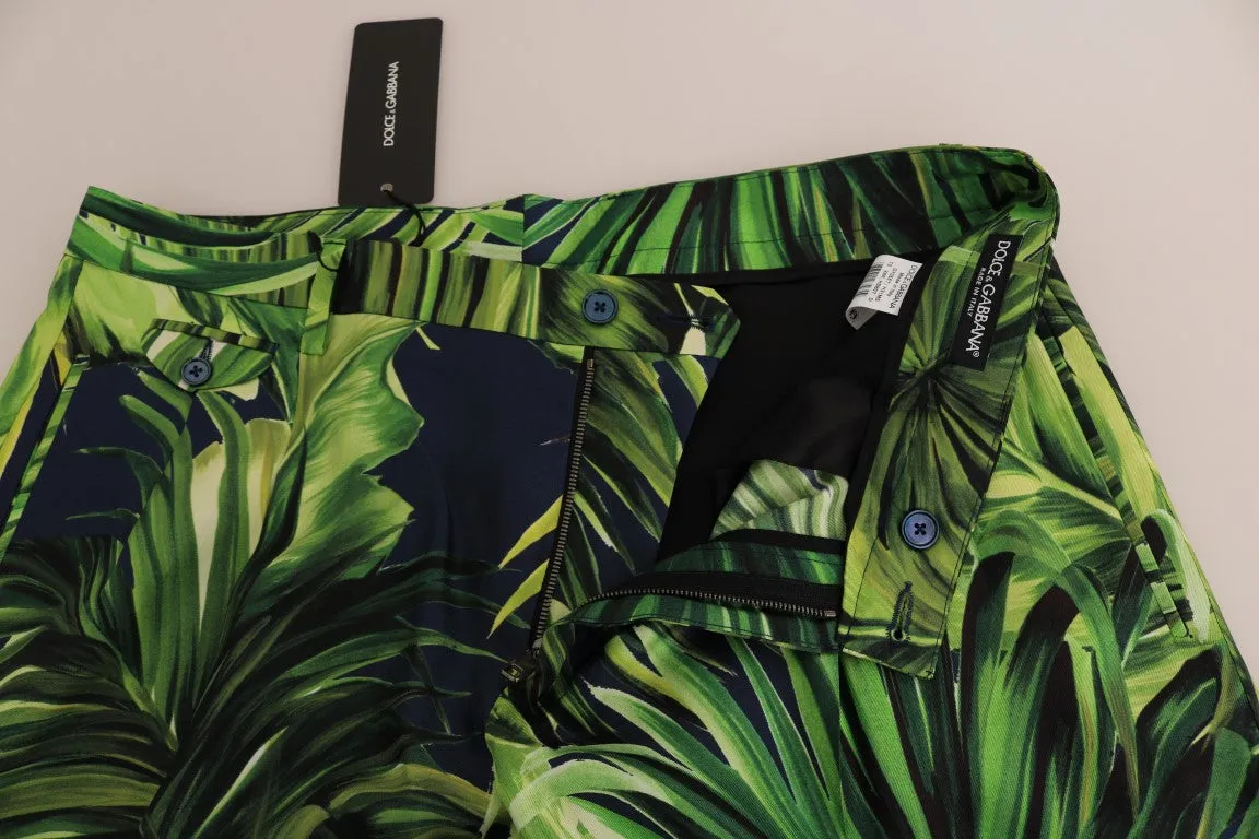 Green Leaves Print Silk Shorts