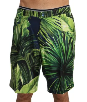 Green Leaves Print Silk Shorts