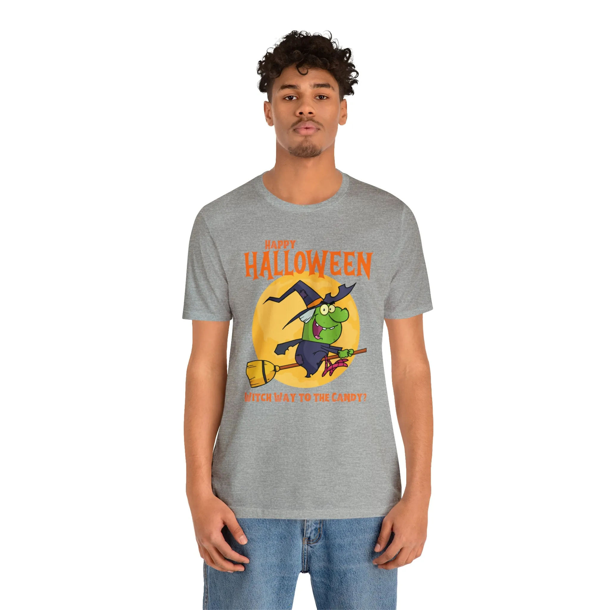 Happy Halloween Witch Way to the Candy T-Shirt | Flying Witch Front of the Moon Tee |  Bella Canvas 3001Unisex | Funny Short Sleeve Tshirt