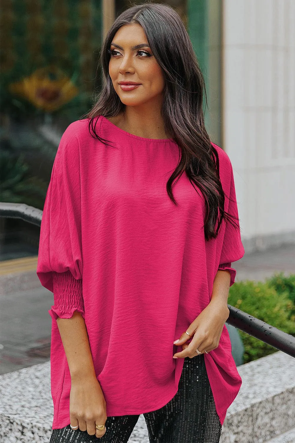 Hazel Blues® |  Round Neck Dolman Sleeve Textured Blouse