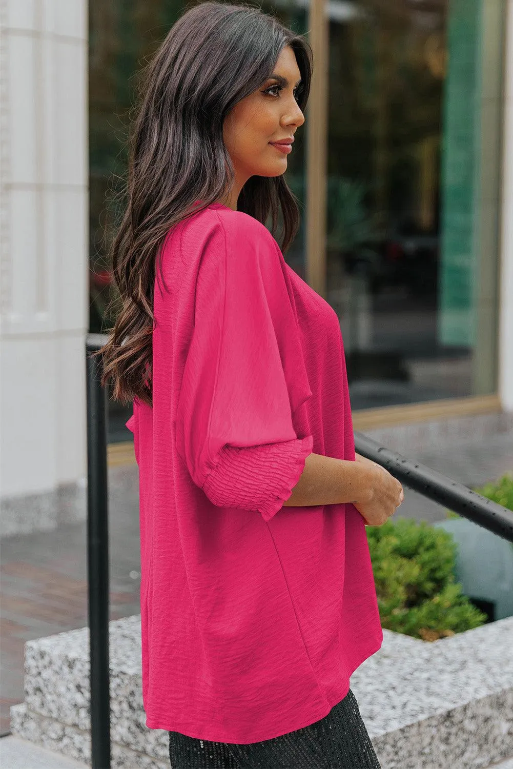 Hazel Blues® |  Round Neck Dolman Sleeve Textured Blouse