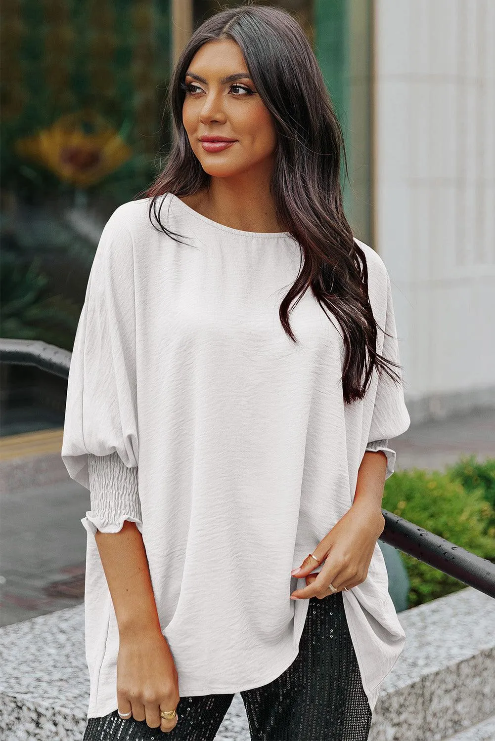 Hazel Blues® |  Round Neck Dolman Sleeve Textured Blouse