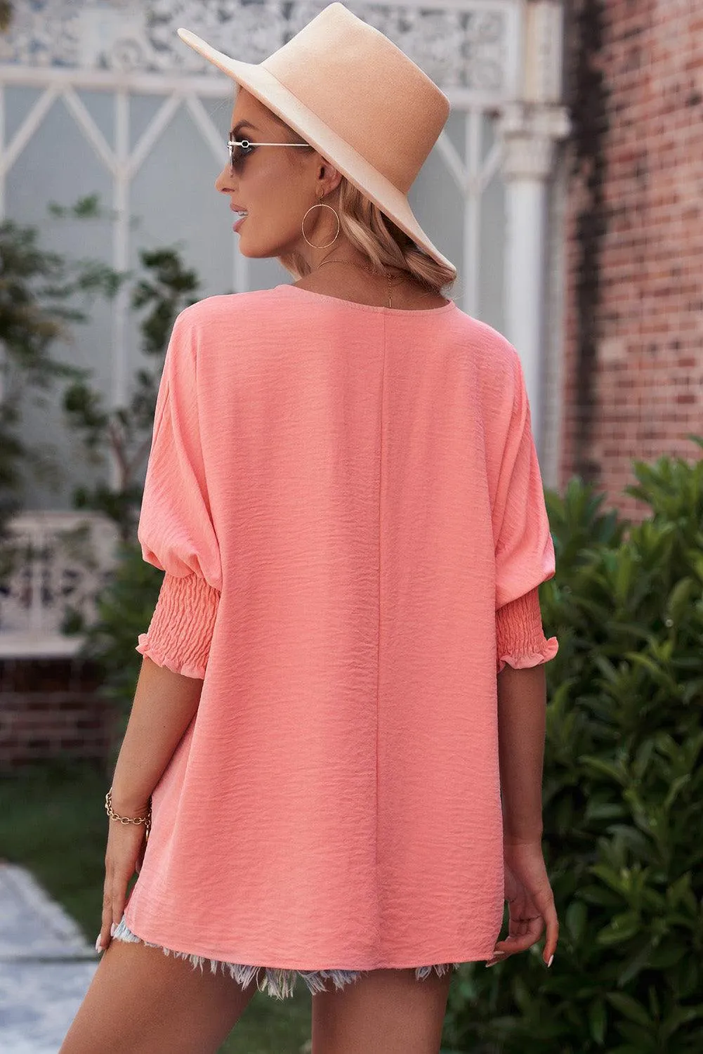 Hazel Blues® |  Round Neck Dolman Sleeve Textured Blouse