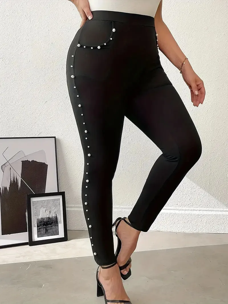 High-Waist Slim-Fit Pearl Detail Stretch Pants