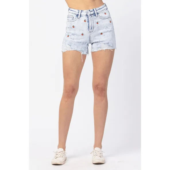 High waisted cherry embroidery acid wash shorts