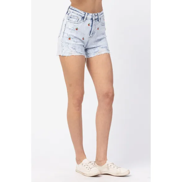High waisted cherry embroidery acid wash shorts