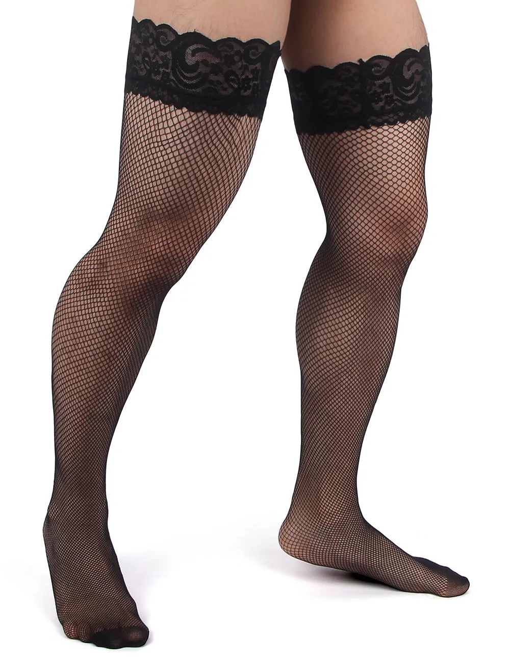 JCSTK - Unisex OY-MP242 Fishnet Lace Top Stockings, Strong for Our Males to Wear! Black