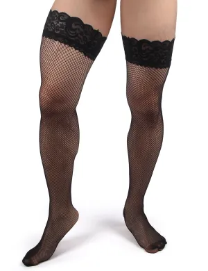 JCSTK - Unisex OY-MP242 Fishnet Lace Top Stockings, Strong for Our Males to Wear! Black
