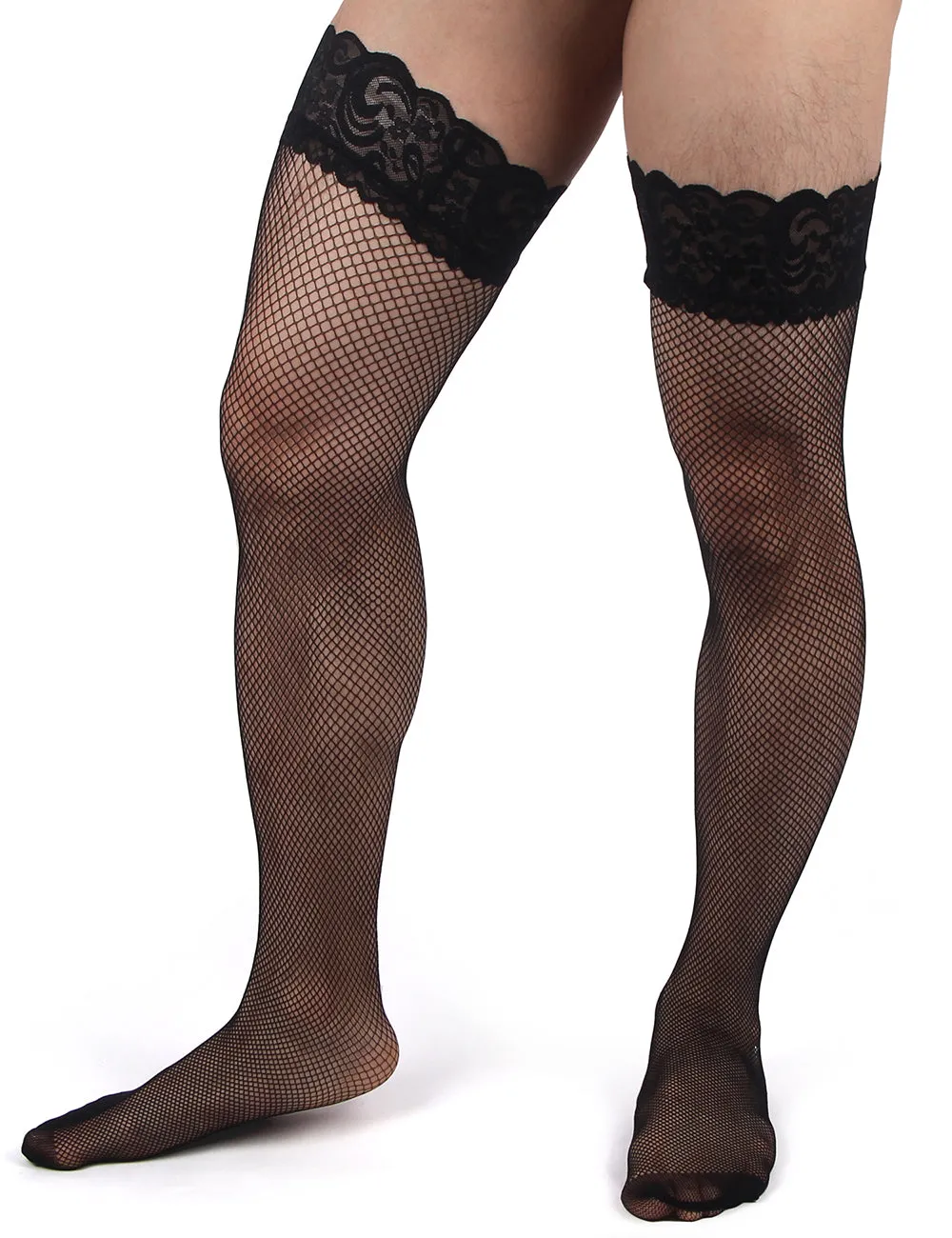 JCSTK - Unisex OY-MP242 Fishnet Lace Top Stockings, Strong for Our Males to Wear! Black