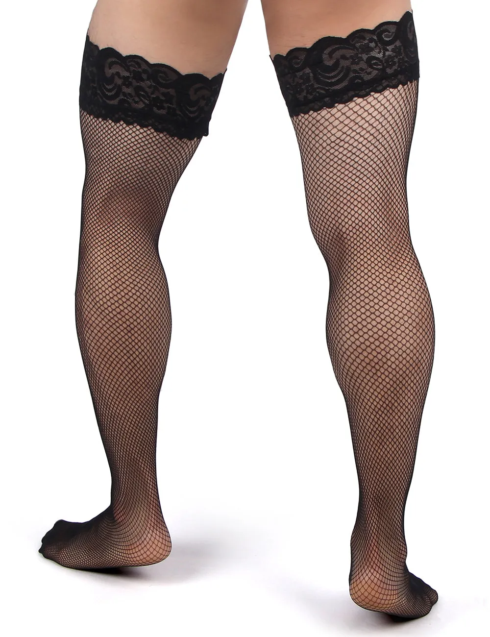 JCSTK - Unisex OY-MP242 Fishnet Lace Top Stockings, Strong for Our Males to Wear! Black