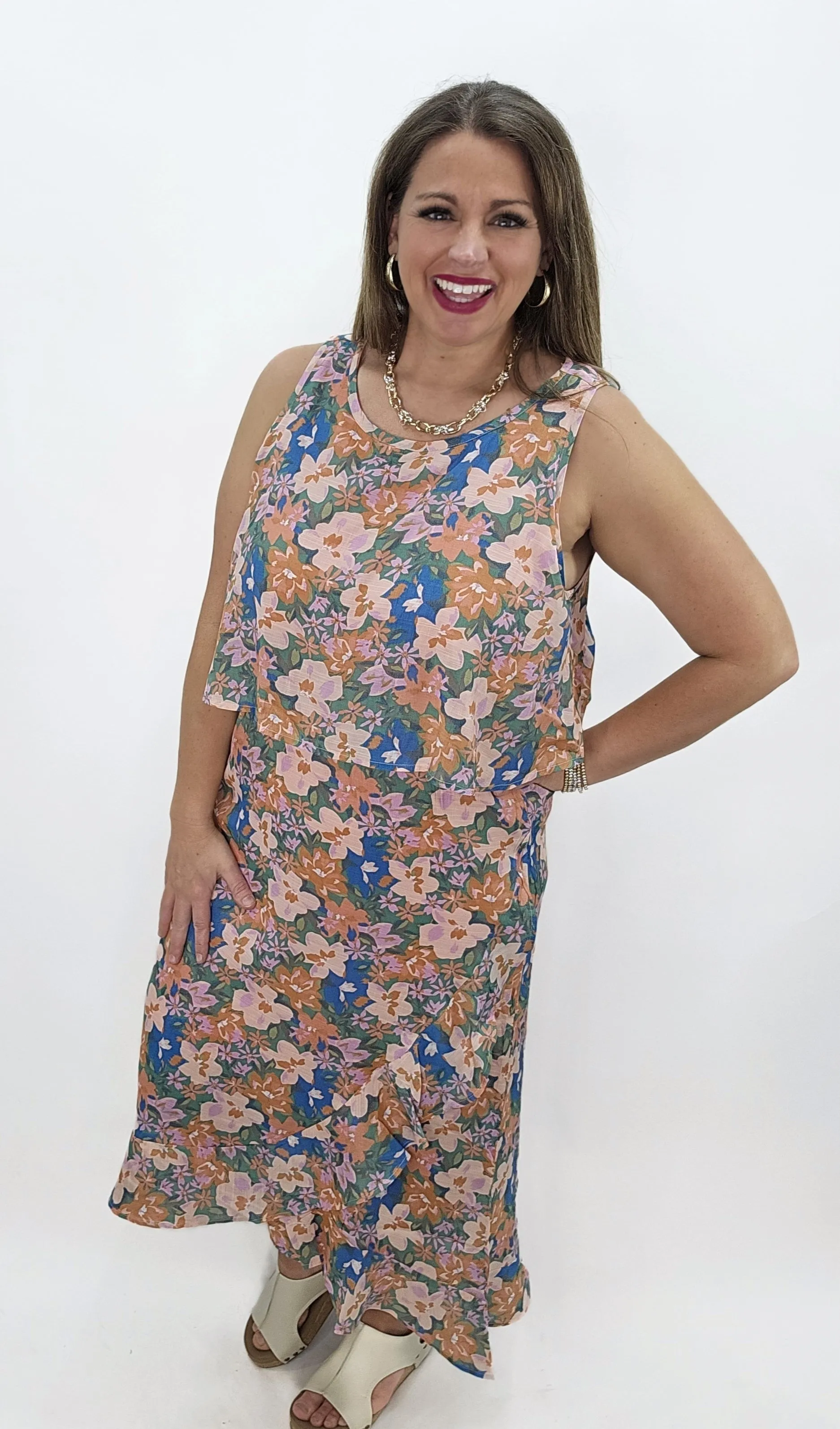 KAREN HART BLUE/CORAL SLEEVELESS OVERLAY TOP DRESS W/ RUFFLE TRIM SKIRT