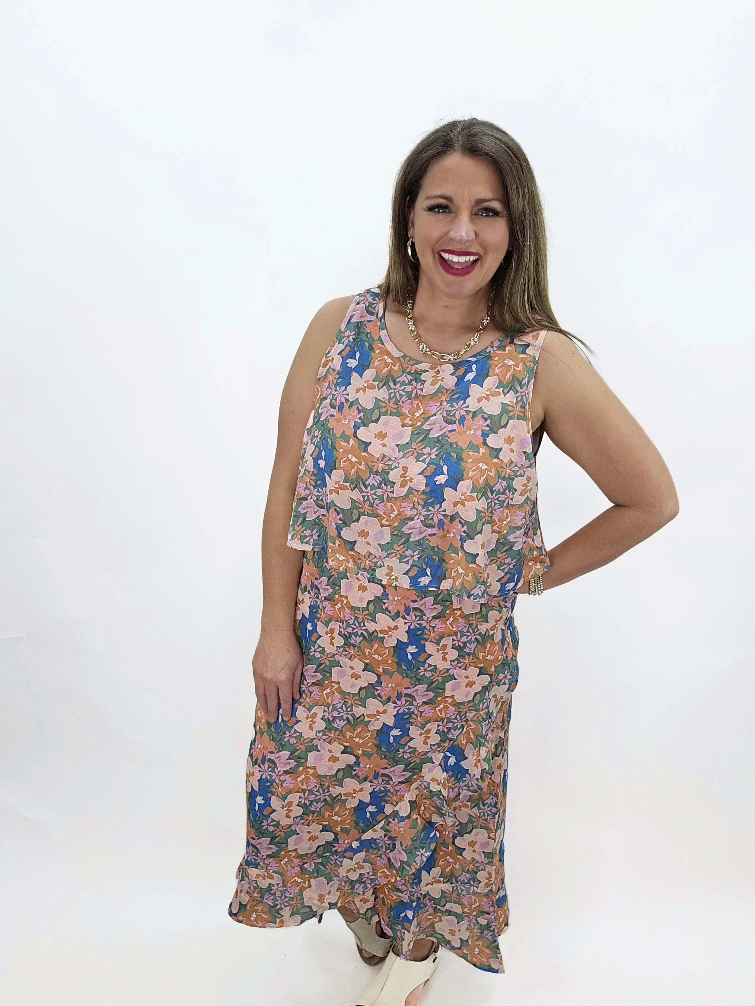 KAREN HART BLUE/CORAL SLEEVELESS OVERLAY TOP DRESS W/ RUFFLE TRIM SKIRT