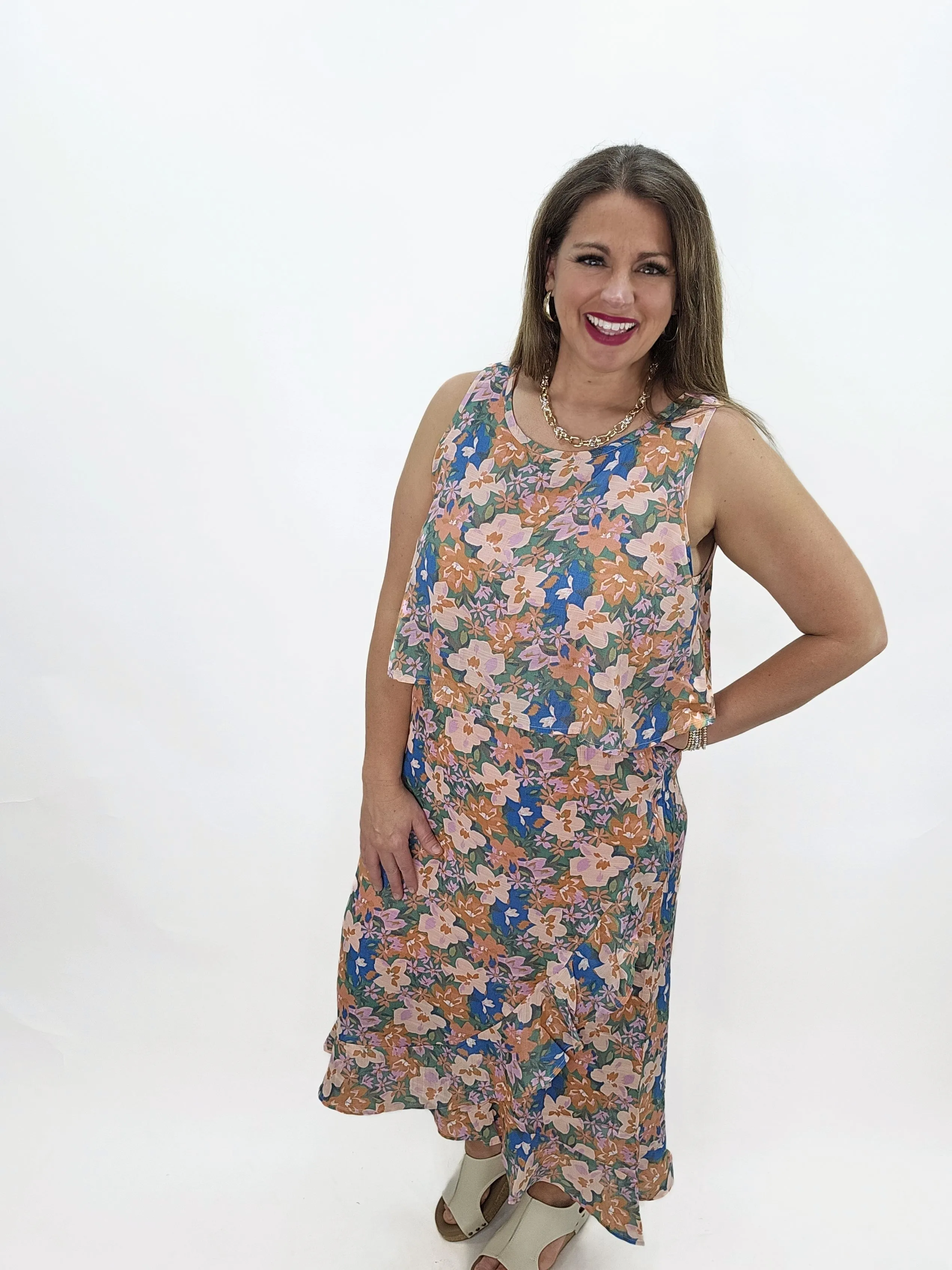 KAREN HART BLUE/CORAL SLEEVELESS OVERLAY TOP DRESS W/ RUFFLE TRIM SKIRT