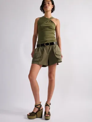 Khaki stretch gabardine cargo shorts